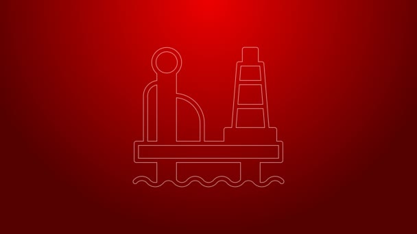 Línea verde Plataforma petrolífera en el icono del mar aislada sobre fondo rojo. Plataforma de perforación en el mar. Plataforma petrolera, combustible gaseoso, industria offshore. Animación gráfica de vídeo 4K — Vídeo de stock
