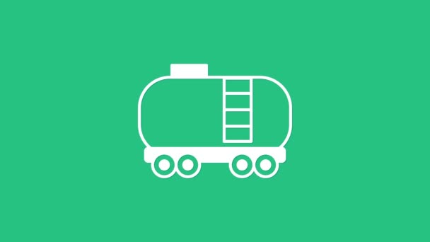 白油铁路蓄水池图标隔离在绿色背景.火车油箱在火车车厢上.铁路货运。石油工业。4K视频运动图形动画 — 图库视频影像