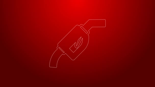 Línea verde Bomba de gasolina icono de la boquilla aislado sobre fondo rojo. Gasolinera bomba de combustible. Repostar señal de servicio. Icono de gasolinera. Animación gráfica de vídeo 4K — Vídeos de Stock