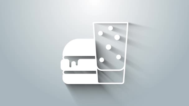 White Burger icon isolated on grey background. Hamburger icon. Cheeseburger sandwich sign. Fast food menu. 4K Video motion graphic animation — Stock Video