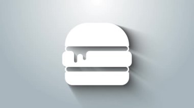 Beyaz Burger simgesi gri arkaplanda izole edildi. Hamburger ikonu. Çizburger sandviç tabelası. Fast food menüsü. 4K Video hareketli grafik canlandırması