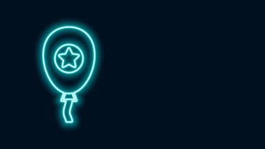 Siyah zemin üzerinde izole edilmiş kurdele ikonu olan parlak neon çizgili balonlar. 4K Video hareketli grafik canlandırması