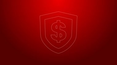 Kırmızı arkaplanda dolar sembolü olan yeşil çizgi kalkanı. Güvenlik kalkanı koruması. Para güvenliği konsepti. 4K Video hareketli grafik canlandırması