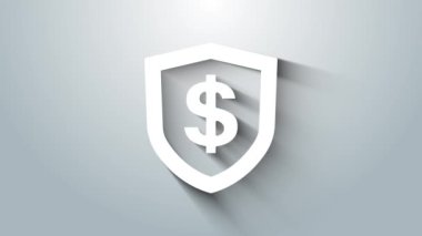 Gri arkaplanda dolar sembolü olan Beyaz Kalkan. Güvenlik kalkanı koruması. Para güvenliği konsepti. 4K Video hareketli grafik canlandırması