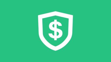 Yeşil arka planda dolar sembolü olan Beyaz Kalkan. Güvenlik kalkanı koruması. Para güvenliği konsepti. 4K Video hareketli grafik canlandırması