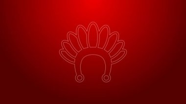 Kırmızı arka planda tüy ikonu olan yeşil çizgi Hint başlığı. Amerikan yerlilerinin geleneksel başlığı. 4K Video hareketli grafik canlandırması