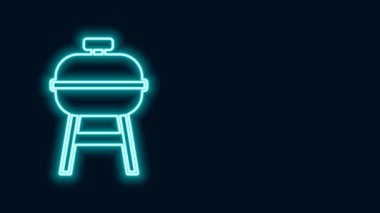 Parlayan neon hattı ızgara ikonu siyah arkaplanda izole edildi. Barbekü ızgara partisi. 4K Video hareketli grafik canlandırması