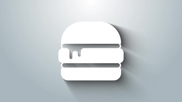 Icono de hamburguesa blanca aislado sobre fondo gris. Icono de hamburguesa. Signo de sándwich de hamburguesa con queso. Menú de comida rápida. Animación gráfica de vídeo 4K — Vídeos de Stock