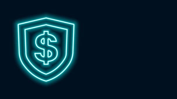 Linha de néon brilhante Escudo com símbolo de dólar ícone isolado no fundo preto. Proteção de escudo de segurança. Conceito de segurança monetária. Animação gráfica em movimento de vídeo 4K — Vídeo de Stock