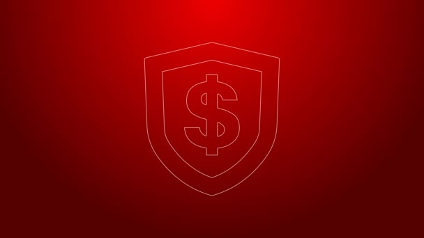 Escudo de línea verde con símbolo de dólar icono aislado sobre fondo rojo. Protección del escudo de seguridad. Concepto de seguridad monetaria. Animación gráfica de vídeo 4K — Vídeo de stock