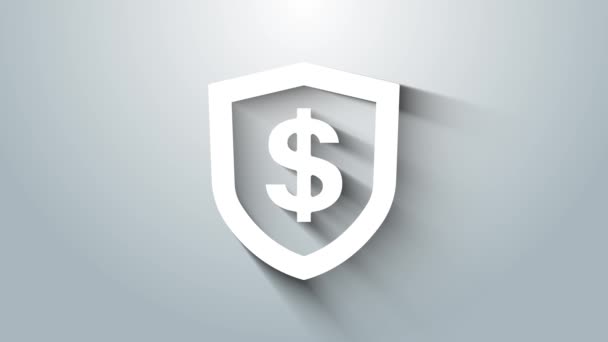 White Shield with dollar symbol icon isolated on grey background. Security shield protection. Money security concept. 4K Video motion graphic animation — Stock Video