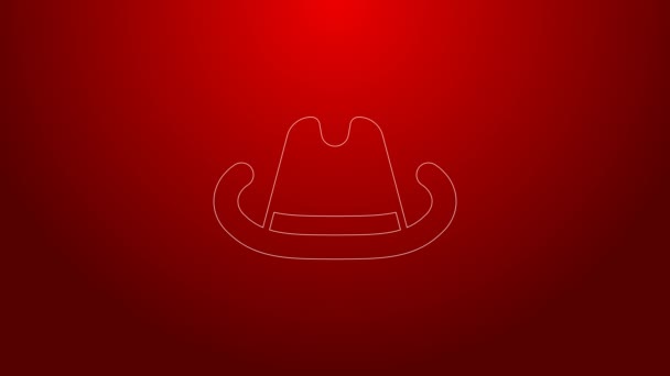 Zöld vonal Nyugati cowboy kalap ikon elszigetelt piros háttérrel. 4K Videó mozgás grafikus animáció — Stock videók