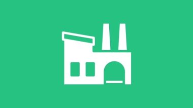 Beyaz Fabrika simgesi yeşil arkaplanda izole edildi. Endüstriyel bina. 4K Video hareketli grafik canlandırması