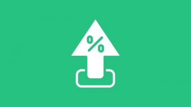 Beyaz yüzde yukarı ok simgesi yeşil arkaplanda izole edildi. Yüzde işaretini arttırıyorum. 4K Video hareketli grafik canlandırması