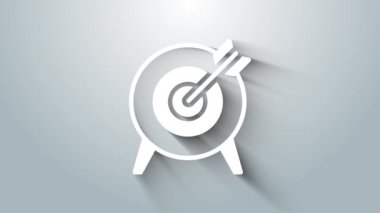 Beyaz Hedef finansal hedef kavramı konsepti gri arka planda izole edildi. Sembolik hedeflere ulaşım, başarı. 4K Video hareketli grafik canlandırması