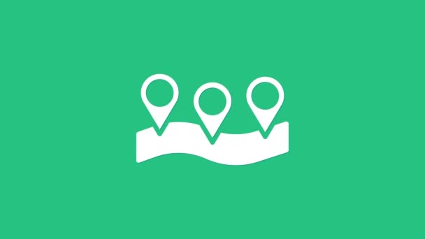 Icono de pin Mapa blanco aislado sobre fondo verde. Navegación, puntero, ubicación, mapa, GPS, dirección, lugar, brújula, concepto de búsqueda. Animación gráfica de vídeo 4K — Vídeo de stock