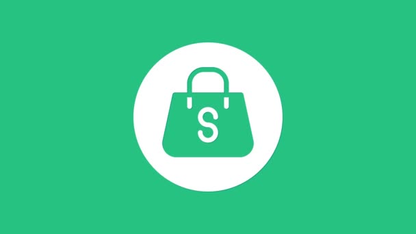 Белая сумка для покупок с надписью Sale icon, выделенная на зеленом фоне. Знак "Сумочка". Значок женской сумки. Знак женской сумочки. Видеографическая анимация 4K — стоковое видео