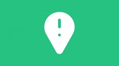 Yeşil zemin üzerinde ünlem işareti simgesi olan beyaz harita işaretleyici. Tehlike uyarısı, dikkat, dikkat, tehlike uyarısı önemli bir işaret. 4K Video hareketli grafik canlandırması