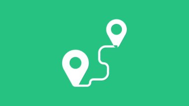 Beyaz Yol konum simgesi yeşil arkaplanda izole edildi. Harita işaretçisi işareti. Yol ya da yol kavramı. GPS navigatörü. 4K Video hareketli grafik canlandırması