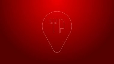 Yeşil Hat Kafe ve Lokanta ikonu kırmızı arka planda izole edildi. Noktanın içinde çatal ve kaşık yeme işareti var. 4K Video hareketli grafik canlandırması.