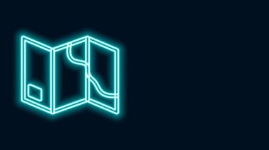 Parlayan neon çizgisi Katlanmış harita simgesi siyah arkaplanda izole edildi. 4K Video hareketli grafik canlandırması