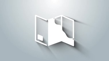 Gri arkaplanda beyaz katlanmış harita simgesi izole edildi. 4K Video hareketli grafik canlandırması