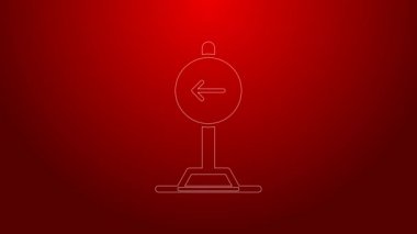 Kırmızı arkaplanda yeşil çizgi trafik işareti sola dönüş dikkat simgesi izole edildi. Trafik kuralları ve güvenli sürüş. 4K Video hareketli grafik canlandırması