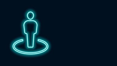 Siyah arkaplanda izole edilmiş bir insan simgesinin silüeti ile parlayan neon çizgisi haritası. GPS konum sembolü. 4K Video hareketli grafik canlandırması