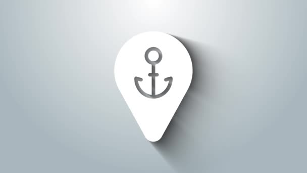 White Map pointer with anchor icon isolated on grey background. 4K Video motion graphic animation — Stock Video