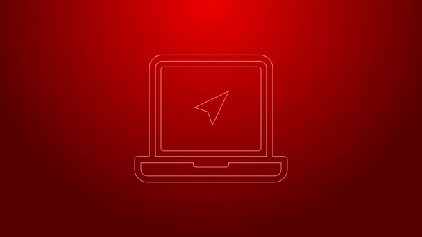 Laptop de línea verde con icono de marcador de ubicación aislado sobre fondo rojo. Animación gráfica de vídeo 4K — Vídeos de Stock