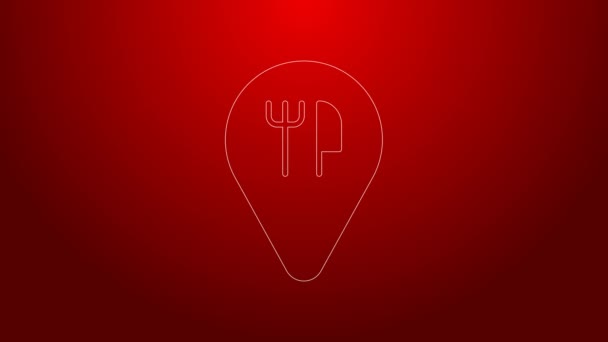 Green line Cafe and restaurant location icon isolated on red background. Fork and spoon eatery sign inside pinpoint. 4K Video motion graphic animation. — Stock Video