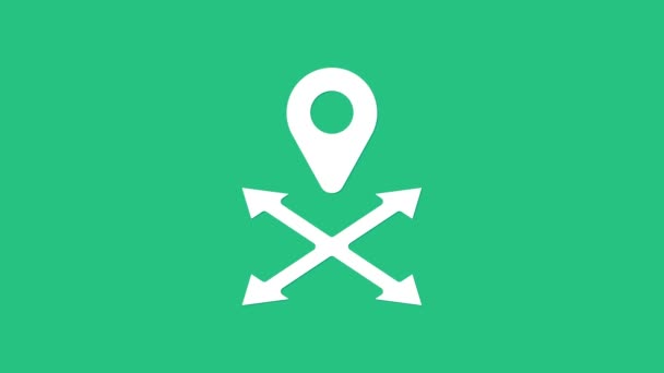 Icona del pin Mappa bianca isolata su sfondo verde. Navigazione, puntatore, posizione, mappa, GPS, direzione, luogo, bussola, concetto di ricerca. Animazione grafica 4K Video motion — Video Stock