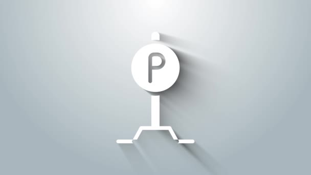 Biała ikona parkingowa na szarym tle. Znak drogowy. 4K Animacja graficzna ruchu wideo — Wideo stockowe