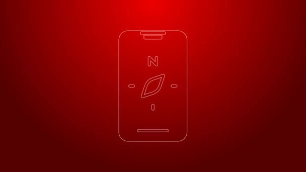 Ligne verte Applications d'écran boussole sur smartphone pour l'icône de navigation isolée sur fond rouge. Boussole d'application pour la navigation, carte d'application. Animation graphique de mouvement vidéo 4K — Video