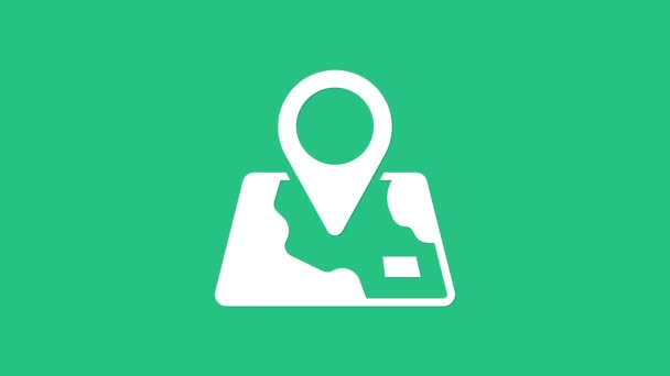 Witte gevouwen kaart met locatiemarkering pictogram geïsoleerd op groene achtergrond. 4K Video motion grafische animatie — Stockvideo