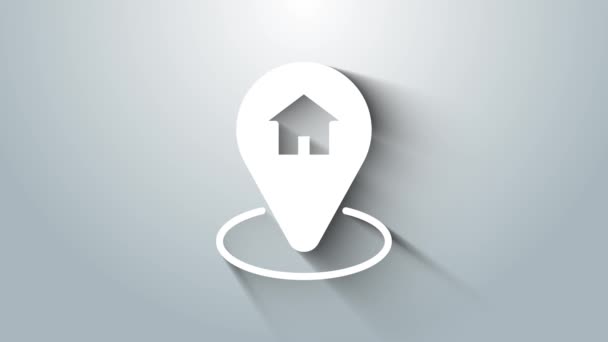 Ponteiro de mapa branco com ícone de casa isolado em fundo cinza. Símbolo do marcador de localização. Animação gráfica em movimento de vídeo 4K — Vídeo de Stock