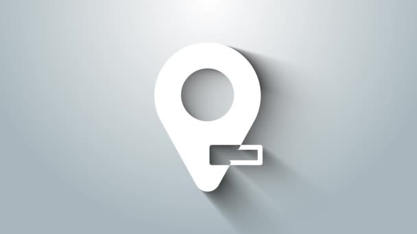 グレーの背景に分離されたホワイトマップピンアイコン。ナビゲーション、ポインタ、位置、地図、 GPS 、方向、場所、コンパス、検索の概念。4Kビデオモーショングラフィックアニメーション — ストック動画