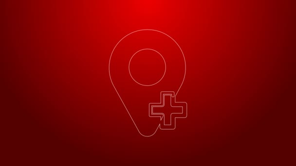 Linha verde ícone do pino do mapa isolado no fundo vermelho. Navegação, ponteiro, localização, mapa, GPS, direção, lugar, bússola, conceito de pesquisa. Animação gráfica em movimento de vídeo 4K — Vídeo de Stock