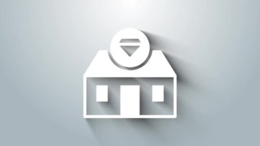 Beyaz Cephe binası mücevher mağazası simgesi gri arka planda izole edilmiş. 4K Video hareketli grafik canlandırması