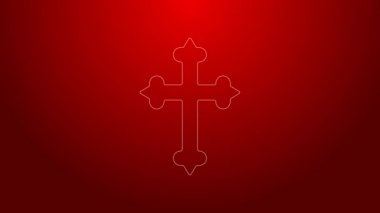 Yeşil çizgi Hıristiyan çapraz simgesi kırmızı arkaplanda izole edildi. Kilise haçı. 4K Video hareketli grafik canlandırması