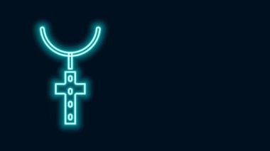 Parlayan neon çizgisi Hıristiyan simgesi üzerinde siyah arka planda izole edilmiş bir şekilde çapraz çizgi çiziyor. Kilise haçı. 4K Video hareketli grafik canlandırması