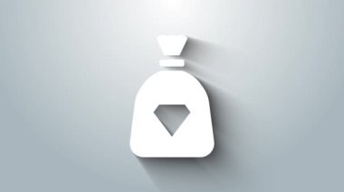 Gri arkaplanda mücevher simgesi olan beyaz çanta. 4K Video hareketli grafik canlandırması