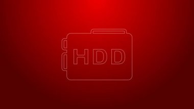 Yeşil çizgi sabit disk sürücüsü HDD simgesi kırmızı arkaplanda izole edildi. 4K Video hareketli grafik canlandırması