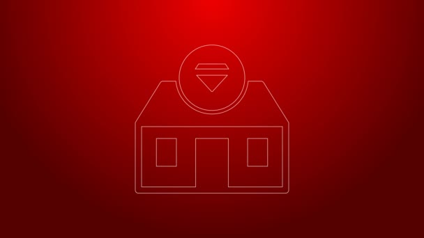 Zielona linia Frontowa fasada budynku ikona sklepu jubilerskiego izolowana na czerwonym tle. 4K Animacja graficzna ruchu wideo — Wideo stockowe