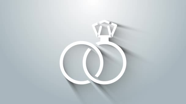 화이트 웨딩 링 아이콘은 회색 배경에서 분리되었다. 신부와 신랑 장신구 서명. 결혼의 상징. 다이아몬드 반지. 4K 비디오 모션 그래픽 애니메이션 — 비디오