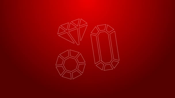 Green line Gem stone icon isolated on red background. Jewelry symbol. Diamond. 4K Video motion graphic animation — Vídeo de Stock