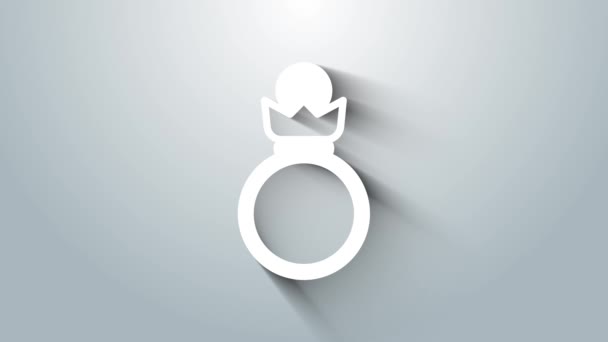 Λευκό διαμάντι δαχτυλίδι αρραβώνων εικονίδιο απομονώνονται σε γκρι φόντο. 4K Γραφική κίνηση κίνησης βίντεο — Αρχείο Βίντεο
