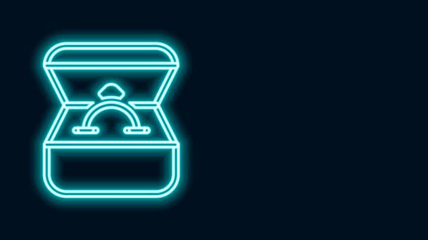 Glowing neon line Diamond engagement ring in a box icon isolated on black background. 4K Video motion graphic animation — Vídeo de Stock