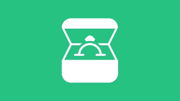 Bílý zásnubní prsten v krabici ikony izolované na zeleném pozadí. Grafická animace pohybu videa 4K — Stock video