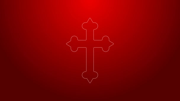 Icono de cruz cristiana de línea verde aislado sobre fondo rojo. Cruz de iglesia. Animación gráfica de vídeo 4K — Vídeo de stock